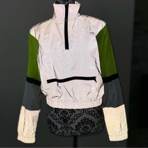 Revamped Reflective Silver Neon Yellow Windbreaker Pullover Cropped Jacket XS